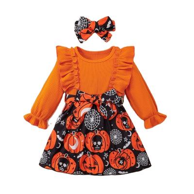 China Washable 1 year girl baby dresses long sleeve printed ruffle dress with bow headband winter dress for baby girls for sale