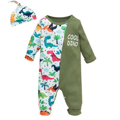 China Spandex / Cotton Newborn baby girls color block dinosaur jumpsuit for toddler baby boys girls long sleeve rompers outfits for sale