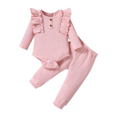 China Breathable Dropshipping newborn baby girl clothes solid ruffle long sleeve bodysuit romper pants set for sale