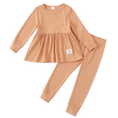 China Sweet Girls Clothes Outfits Cute Baby Girl Solid Long Sleeve Pant Set Ruffle Top for sale