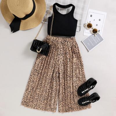 China Casual Child girl summer clothing 2 pieces halter top leopard print wide leg pants for girls for sale