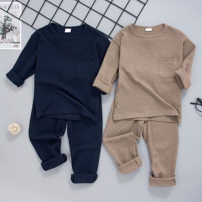 China Casual Spring 2Pcs Toddler Unisex Boy Girl Outfits Set Solid Long Sleeve T-Shirt Tops Pants Kids Knitwear for sale