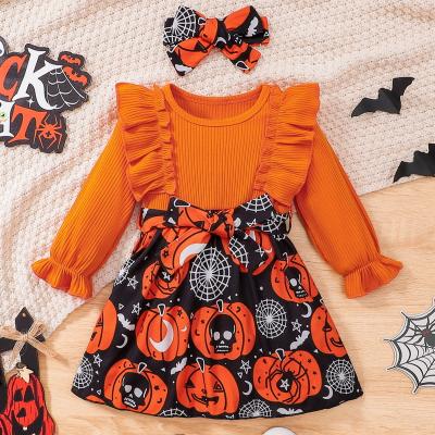 China Washable Cute baby clothes pumpkin print ruffle long sleeve girls' A-line dress with bow for sale