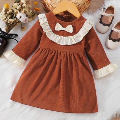 China Washable toddler winter dress color block ruffle long sleeve cute bow dress for baby girls for sale