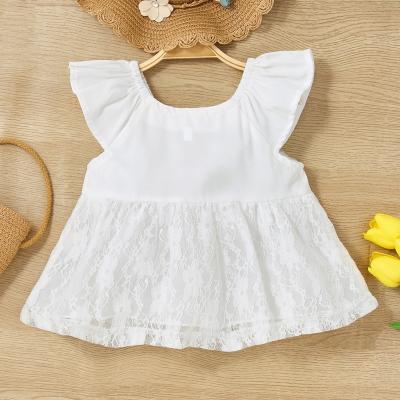 China Washable Hot selling newborn baby girl clothes flare sleeve solid lace summer dress for sale