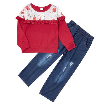 China Casual girls sets color block floral ruffle sweatsuit kids jeans pants little girls clothing sets for sale