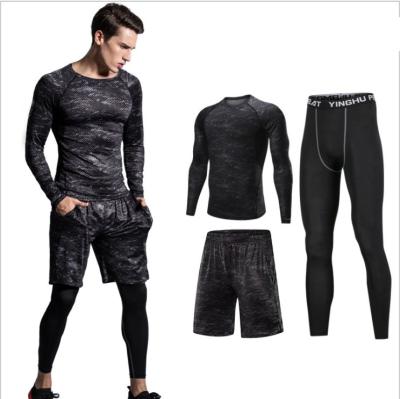 China Top Quality 3 Pieces Antibacterial Gym Sports Suits Breathable Shirts Four-Sided Bombshell Shorts Gaiters And Compression Mens Fitness Suits for sale