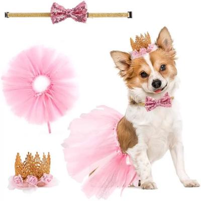 China Sweet Hot Selling Amazon Pet Gifts Cat Party Supplies Crown Dog Birthday Hat Dress Bow Collar Set for sale