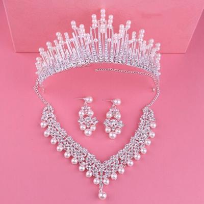 China Alloy+Rhinestone+Pearl Tiara Necklace Earring Wedding Bride Sets Luxury Princess Headband Hair Accessories For Women Girl Feast Photo Studio Birthday for sale