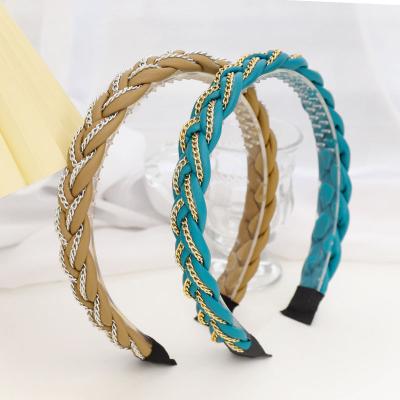 China Fashion Hairband Fascia by Korean Solid PU Braid Headband Designer Metal Capelli Leather Chain Hairband for Women Girl Fashion for sale