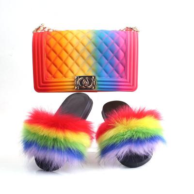 China Flat Multiple Colors Shoes and Purse Set, Fuzzy Women Slipper Set Handbag, Fluffy Slides Freeze Purse and Shoes Set for sale