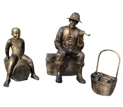 China Europe Farmers Cattle Outdoor Plow Cultivated Land Folk Culture Cast Copper Sculpture Rural Customization for sale