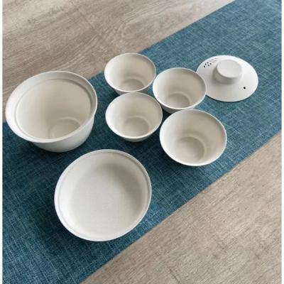 China Viable Disposable Tea Bagasse Travel Tea Set Biodegradable Compostable Sugarcane Paper Teapot for sale