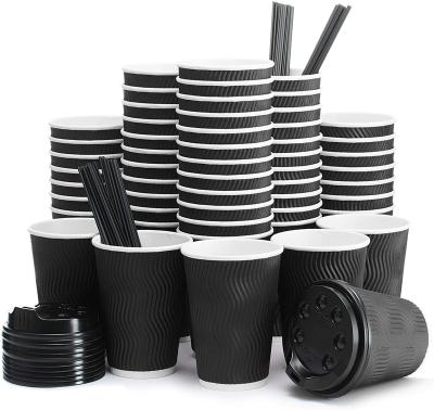 China Biodegradable Pla Paper Cups Ripple Wall 12oz Black Color Coffee Paper Cup 500 Cups Per Cardboard Cpla Coffee Compostable Lids for sale