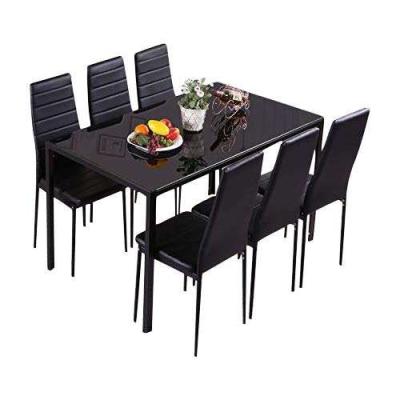 China Modern Modern Design Cheap Dining Room Furniture Top Black Dining Room Table Set Table Metal Legs Glass Style Type for sale