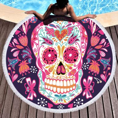 China Wholesale Custom Moq Skull Compressed Microfiber Compressed Bottom Moq Beach Towel Round for sale