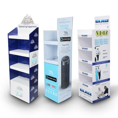 China 350gCCNB+ Corrugated K3 Or K5 Cardboard / Recycled Material Custom Blue White Pop Product Display Rack Folding Up Floor Corrugated Cardboard Paper Display Stand for sale