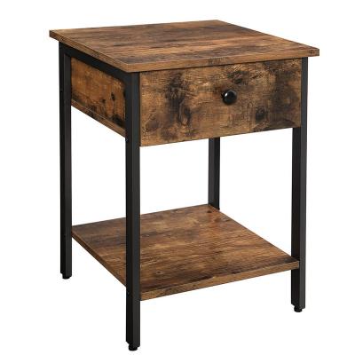 China SteelRustic Brown Assembly Industrial Design Drawer Bedroom Shelf Convertible End Side Easy Table Nightstand for sale