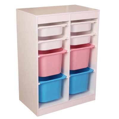 China XKF007 Modern Wooden Kid's Storage Shelf With Plastic Bins Kid Toys 2020 Collection for sale