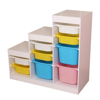 China XKF008 Modern Wooden Kid's Toy Storage Shelf With Plastic Bins Kid Toys 2020 Collection for sale