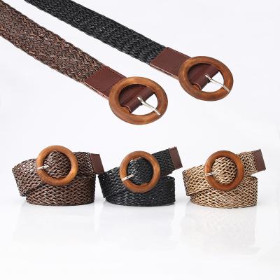 China Yaosheng wooden 2021 ladies buckle ladies Straw Woven Belt Round Wooden dress retro Straw Belt for sale