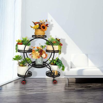 China Europe 2021 Hot Selling Single Plant Stand Interior Decoration Wrought Iron Flower Stand 6 Trays With Pulleys for sale