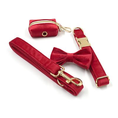 China Stocked Custom Red Velvet Gold Buckle Pet Collar Leash Bowknot Harness Dog Pouch Bag Costume Christmas Pet Thick Set for sale