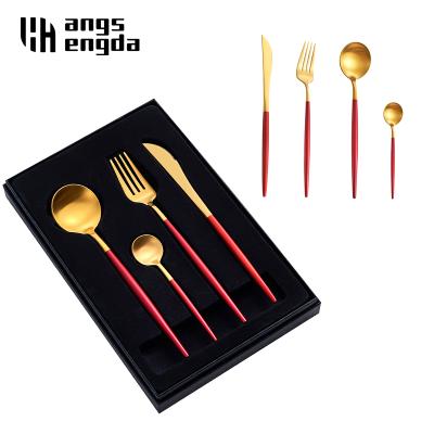 China Gold Viable Red Dinnerware Set 304Stainless Steel Dinnerware Sets Flatware Silverware Knife Fork Spoon Gift Box Set for sale