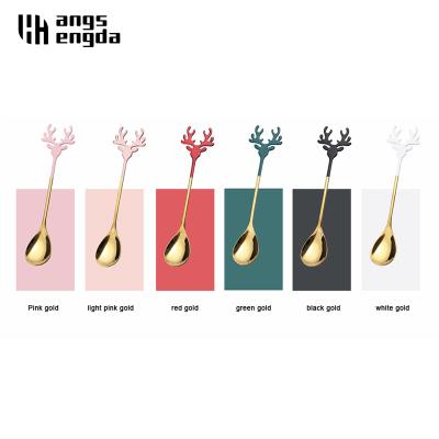 China Viable Hot Amazon Deer Head Shape Romantic 304 Stainless Steel Elk Coffee Dessert Christmas Spoon Stirring Spoon Set for sale