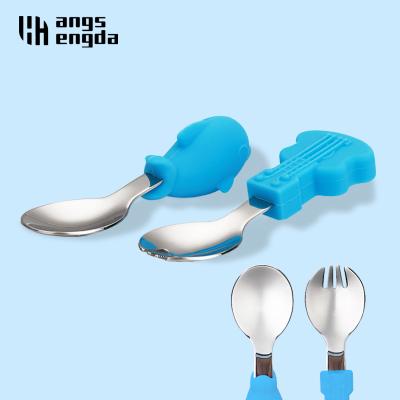 China Minimalist 2 Pcs Baby Flatware 304 Stainless Steel Kids Spoon Fork Kids Flatware Sets With Creative Cartoon Handle Animal Cutlery Set for sale