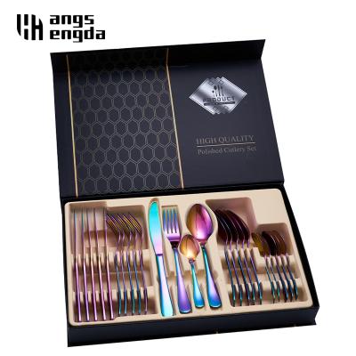 China Viable Wholesale Luxury Wedding Stainless Steel Flatware Gift Box Silverware Set Can Be Customized Logo 24 Pcs Color Tableware Set for sale