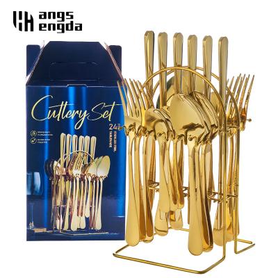 China Viable Wholesale Luxury Dinnerware Set Stainless Steel Flatware Set Fork And Spoons Gold Wedding Cutlery Set 24Pcs With Shelf for sale