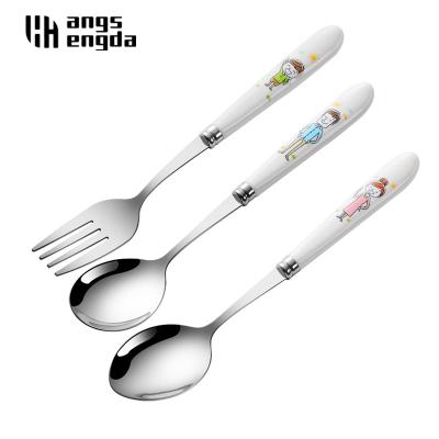 China Cute Viable Baby Kids Spoon Fork Cutlery Set Cartoon Ceramic Handle Stainless Steel Children Fork Portable Cutlery Tableware for sale