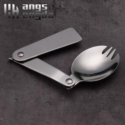 China Travel 304 Stainless Steel Foldable Triple Spoon Soup Spoon One Fork Viable Outdoor Portable Double Use Spoon for sale