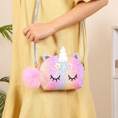 China Korea Design Other Shoulder Bags Mini Cute Polyester Crossbody Bag Unicorn Cartoon Sequins Rainbow Kids Girl for sale