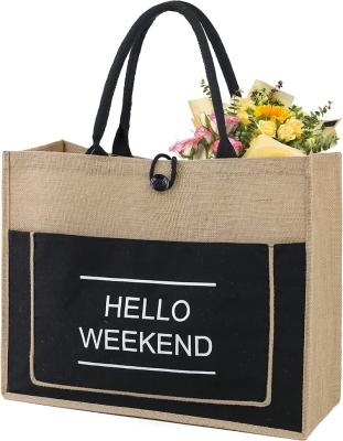 China Reusable Customized Logo Personalized Beach Work Embroidery Ladies Interior Zipper Black Canvas Jute Shopping Bag for sale