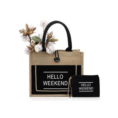 China Reusable Custom vintage grocery shopping beach reusable single shoulder waterproof black jute tote bags wholesale for sale