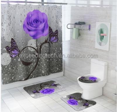 China Sustainable Bathroom Butterfly Set Waterproof Shower Curtain Print Bathroom Mat Set With Shower Curtain for sale