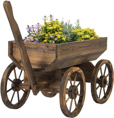 China Modern Outdoor Cart Backyard Grow Flower Planter Wooden Flower Cart With Four Wheels for sale