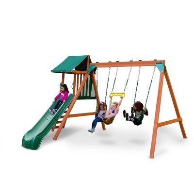 China New Arrivals Kids Modern Outdoor Backyard Playground Wooden Swing Set With Plastic Slide And Climbing Frame for sale