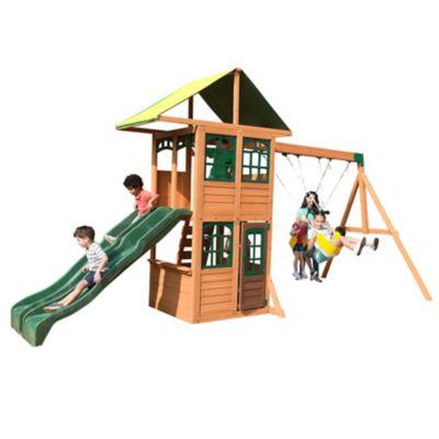 China Modern Outdoor Playground Equipment Wooden Children Kids Swing Set With Slide For Toddlers for sale