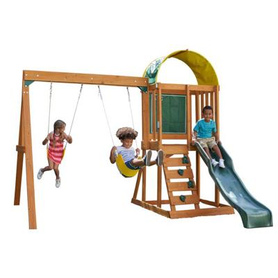 China Hot Selling Modern Outdoor Play Set Wooden Swing Set With Slide Chalk Wall Canopy And Rock Wall for sale