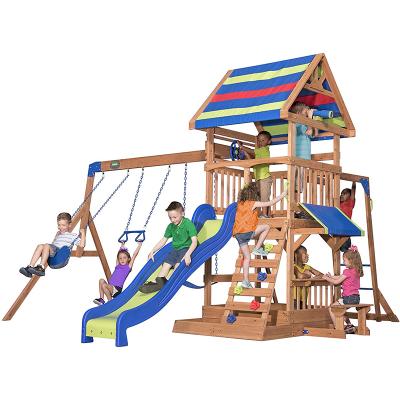 China Beach Front 100% Modern Natural Eco-friendly Wooden Playground Swing Set With Slide for sale