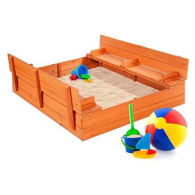 China Modern Simple Children's Large Wooden Sandbox For Backyard Play Outdoor Wood 2 Foldable Benches Sand Protective Bottom Liner for sale