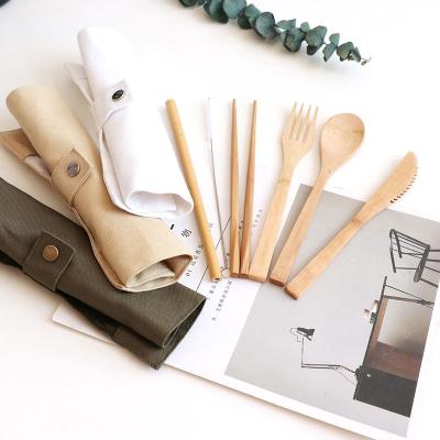 China Sustainable 100% Natural Bamboo Wood Fiber Material Travel Fork Spoon Reusable Camping Cutlery Set With Straw for sale