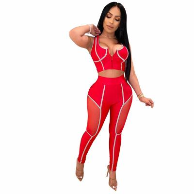 China Anti-Wrinkle 2020 Summer Latest Design S-3XL Casual Splice Sleeveless Sexy Crop Top and Tight Pants Two-Piece Set Women Clothing for sale