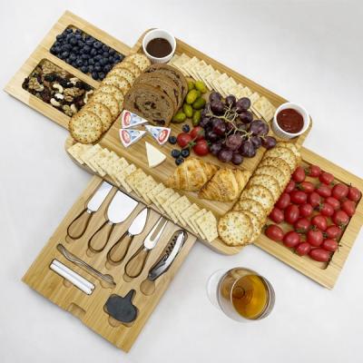 China Large Sustainable Bamboo Charcuterie Board Set - Bamboo Cheese Board with Knife Set and Wine Meat Cheese Platter for sale