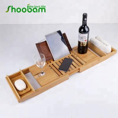 China Sustainable Bamboo Bathtub Cart With Wine Glass Holder And Removable Accessories Tray for sale