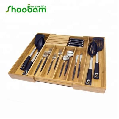 China Sustainable Expandable Bamboo Kitchen Drawer Organizer With Solid Knife Block for sale