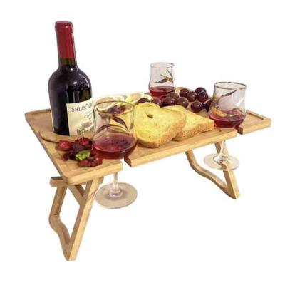 China Mold Make Bamboo Wine Portable Picnic Table with 4 Heavy Duty Holder Glasses for Outdoor Camping Champagne, Snack and Cheese for sale